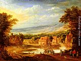 Joos De Momper An extensive river landscape with travellers approaching a village painting
